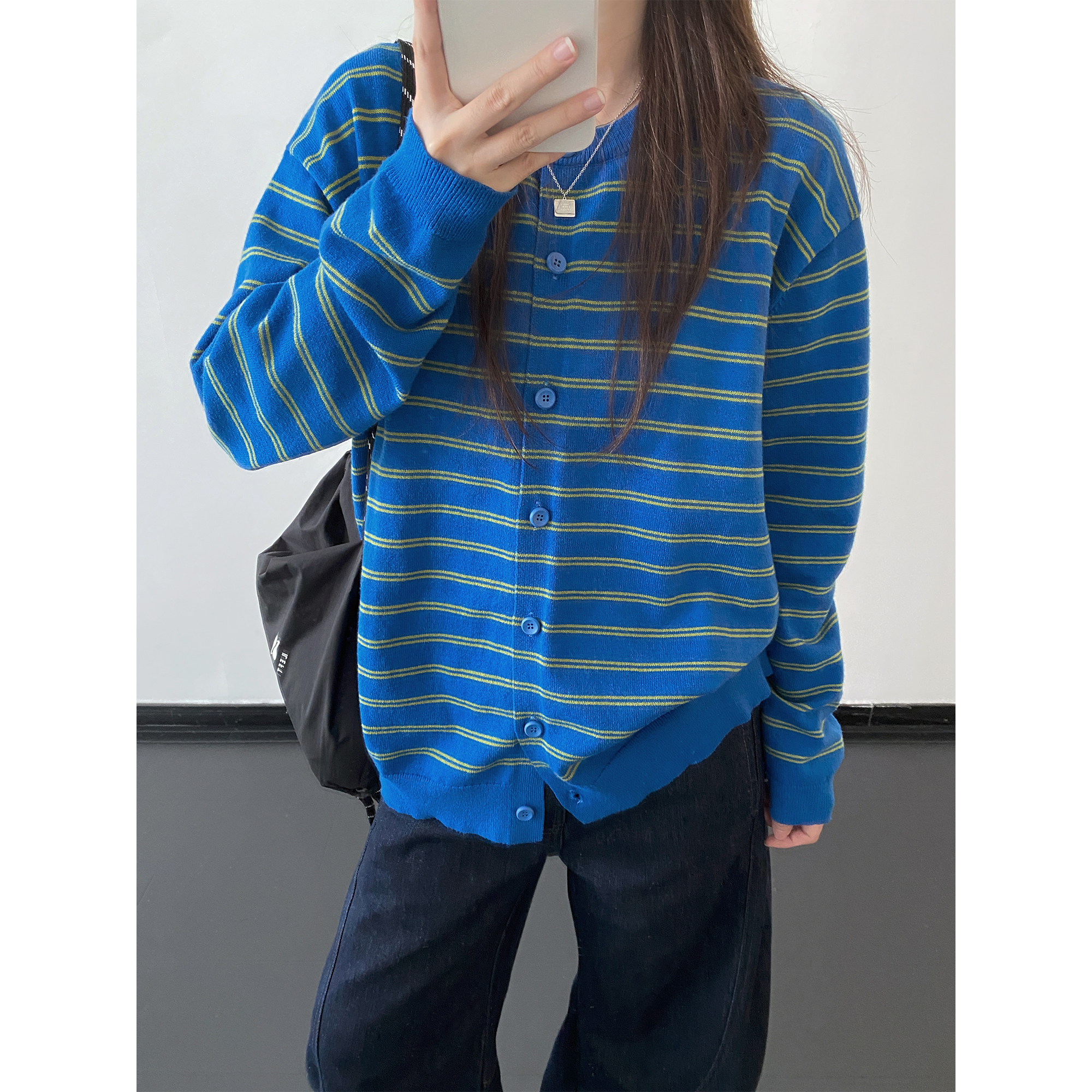 撞色条纹开衫简约百搭针织衫秋冬