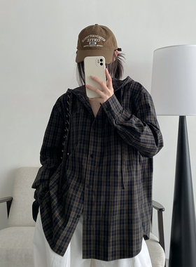 sun柚 复古classic'北欧秋季轻薄外穿衬衣连帽衫格纹棉衬衫外套女