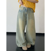 腿型救星 春夏季 复古做旧脏脏阔腿慵懒牛仔裤 sun柚 宽松直筒长裤