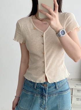 【清仓价】扣波浪边短袖T恤女夏季新款开叉短款上衣服