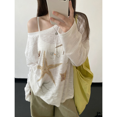 防晒罩衫女夏日长袖t恤斜肩上衣