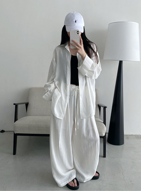 sun柚 苎麻天丝套装 慵懒宽松显瘦开叉衬衫抽绳阔腿裤春夏两件套