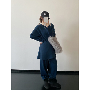 松紧腰阔腿裤 sun柚 宽松圆领针织衫 韩女三件套 洋气屁帘 毛织