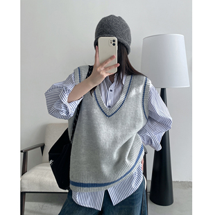 sun柚 外穿灰色慵懒感设计感撞色复古百搭V领撞边背心马甲 春秋季