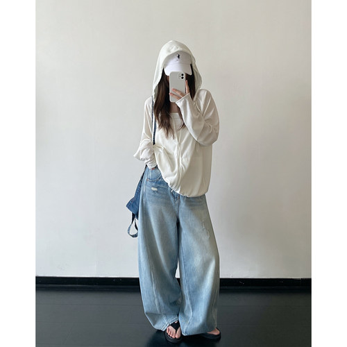 插肩纯色宽松连帽拉链外套女