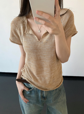 sun柚 通勤百搭天丝亚麻短袖杂纱春夏季显瘦v领针织t恤上衣女