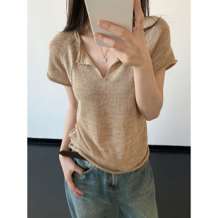 显瘦v领针织t恤上衣女 杂纱春夏季 sun柚 通勤百搭天丝亚麻短袖