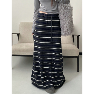 sun柚 撞色条纹裙配色显瘦软糯针织裙半身裙长裙子气质百搭高腰女