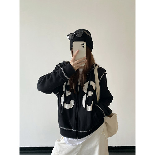 贴布绣宽松短款拉链连帽卫衣外套