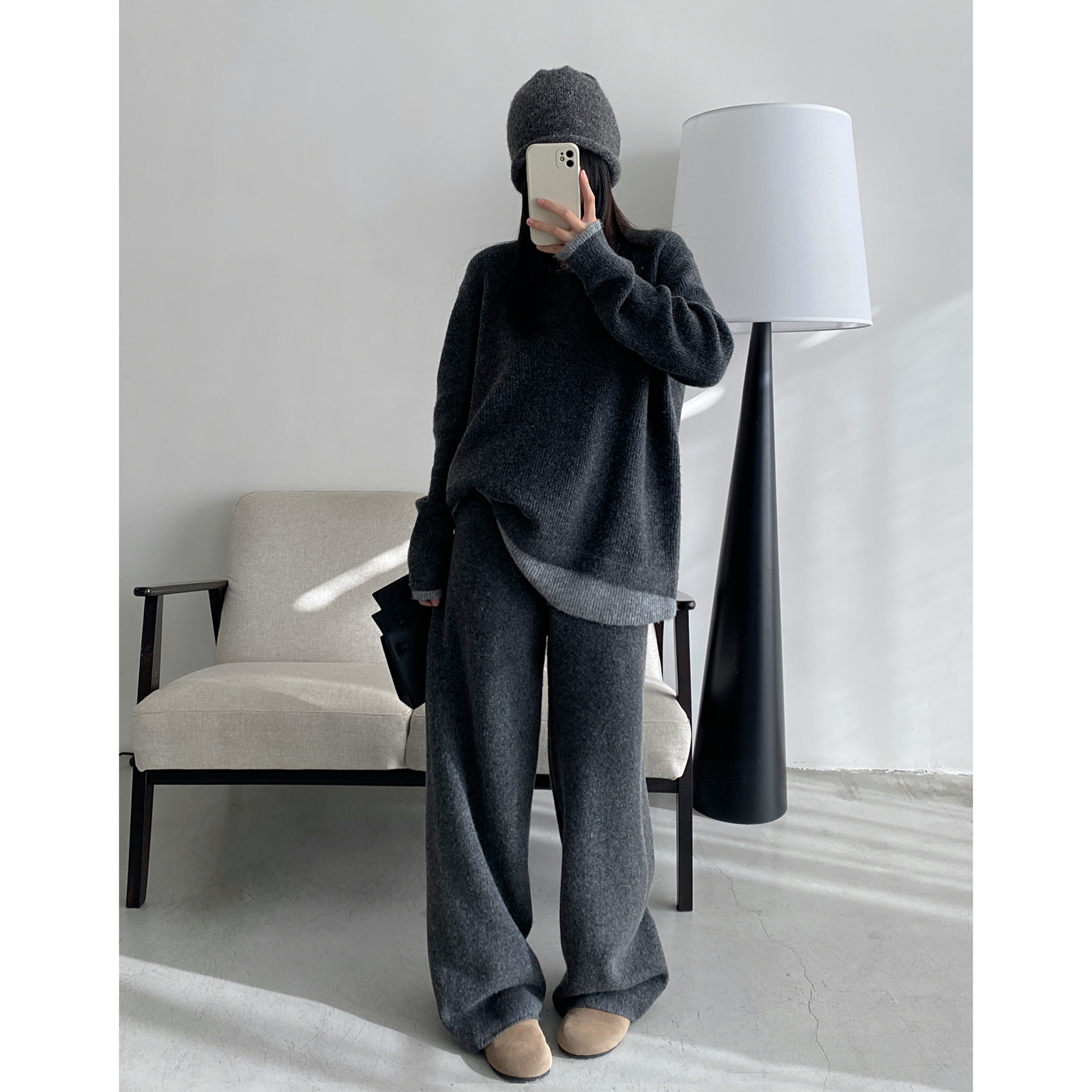 sun柚 【上衣+裙子】柔雾感懒人舒适羊毛毛衣阔腿裤半身裙套装女