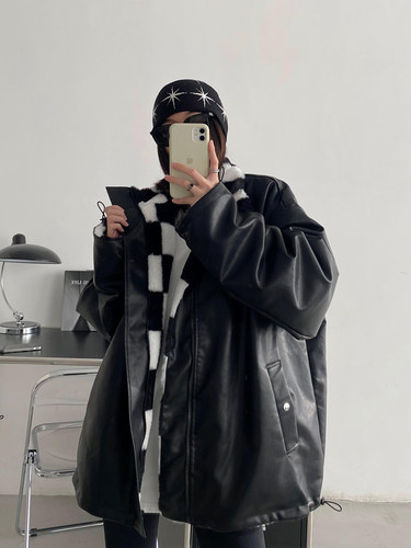 皮时尚双面穿毛绒立领外套女宽松