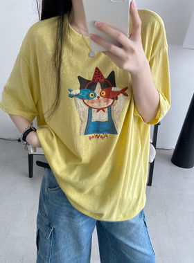sun柚 桑蚕丝亚麻复古油画感卡通印花t恤休闲百搭短袖上衣女夏季