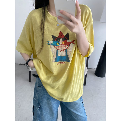 桑蚕丝亚麻t恤休闲短袖上衣女