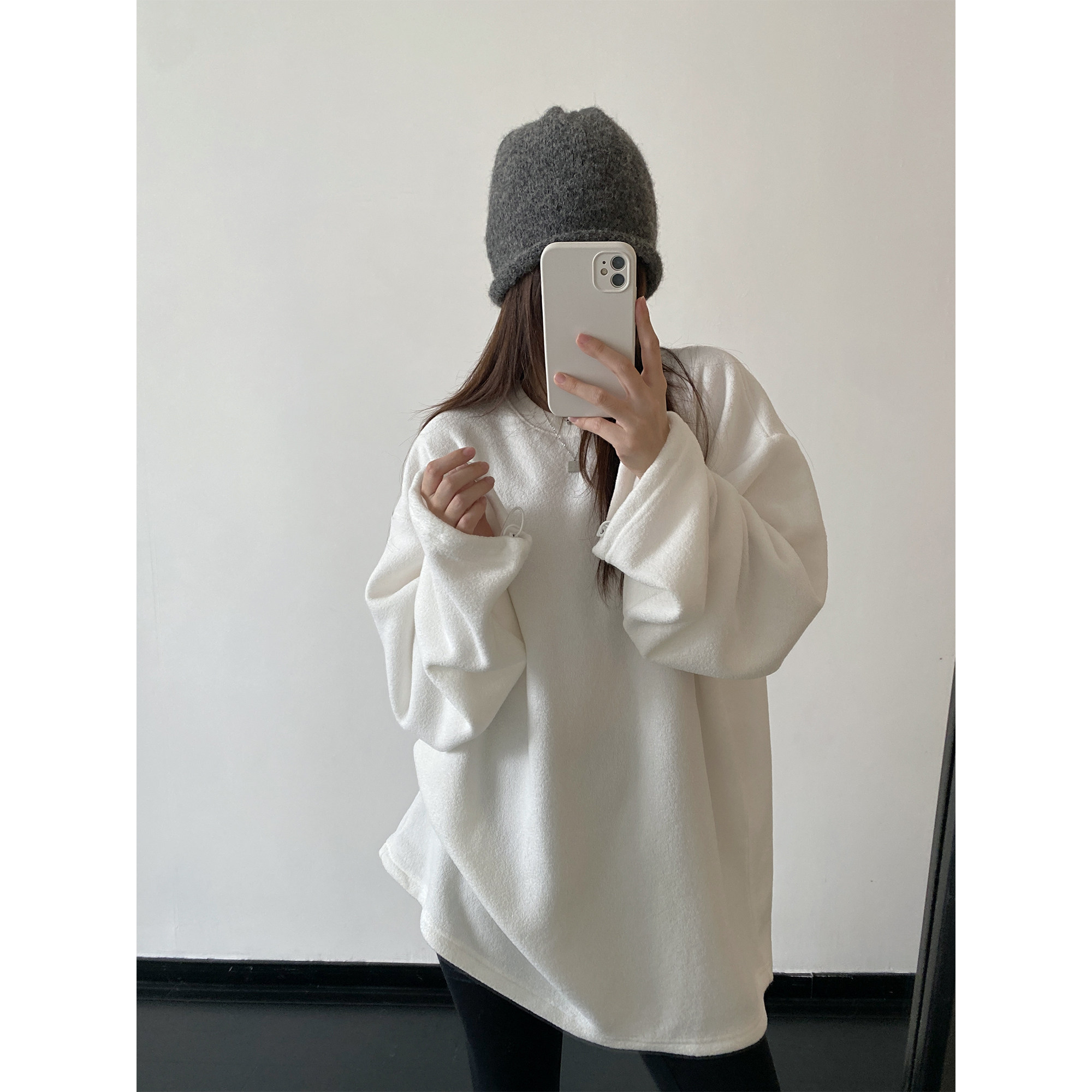 毛巾加绒宽松圆领落肩卫衣秋冬