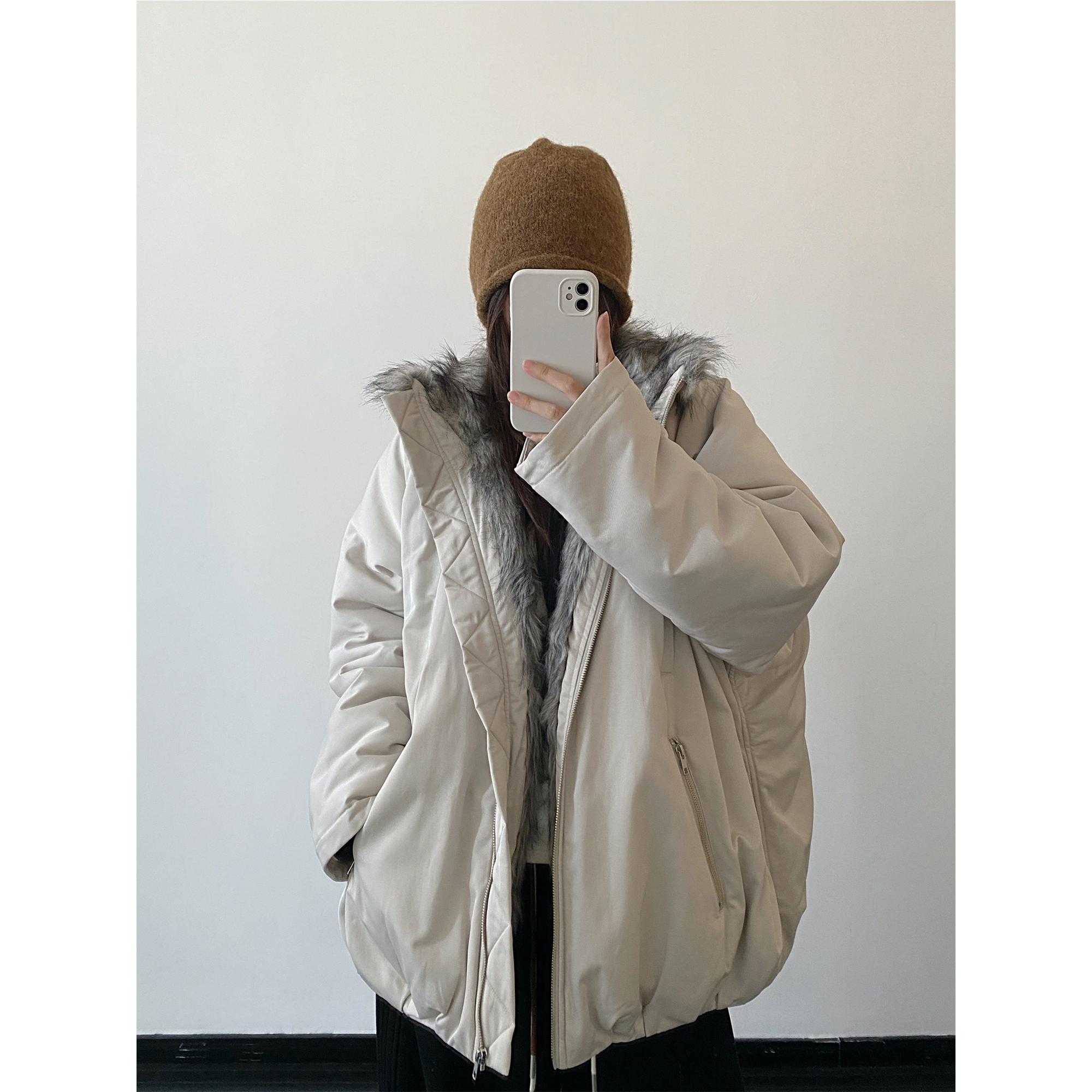 sun柚 环保皮草拼接毛领高领棉衣立体花苞型保暖外套派克棉服女冬