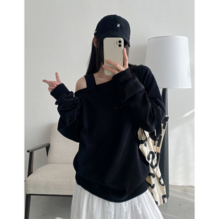 sun柚 时髦松弛灰色外穿百搭私下很爱穿的露肩长袖卫衣女春秋季