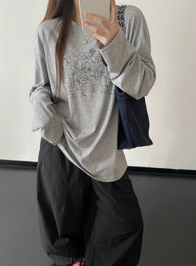印花长袖T恤女秋宽松打底衫上衣