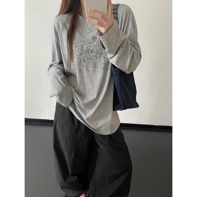 印花长袖T恤女秋宽松打底衫上衣