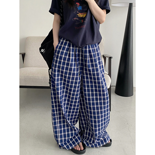 sun柚 海岛泡泡纱慵懒松弛感宽松格子裤女夏季轻薄阔腿休闲裤子