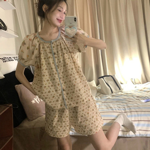 碎花田园风小清新睡衣女款 家居服女 三件套舒适透气中长款 睡裙薄款