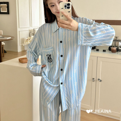 【新款】明星同款宅家度假天丝棉柔软薄长袖长裤家居服睡衣女秋季