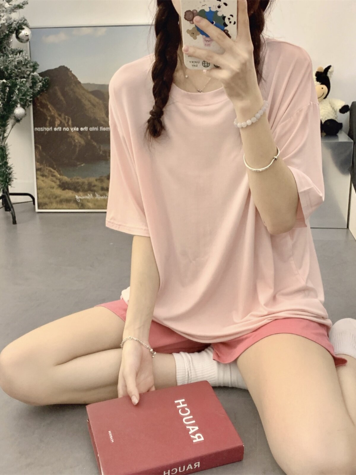 睡衣女夏季短袖凉感韩版糖果系莫代尔薄款遛弯外穿家居服自带胸垫