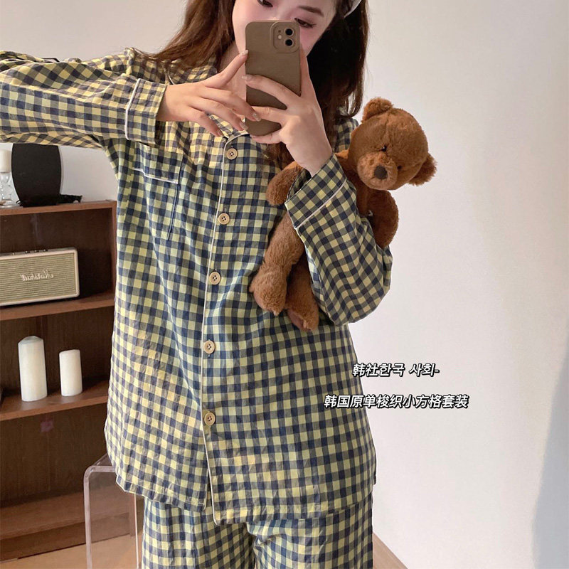 韩社韩国原单梭织小方格套装秋冬睡衣女长袖家居服休闲居家可外穿