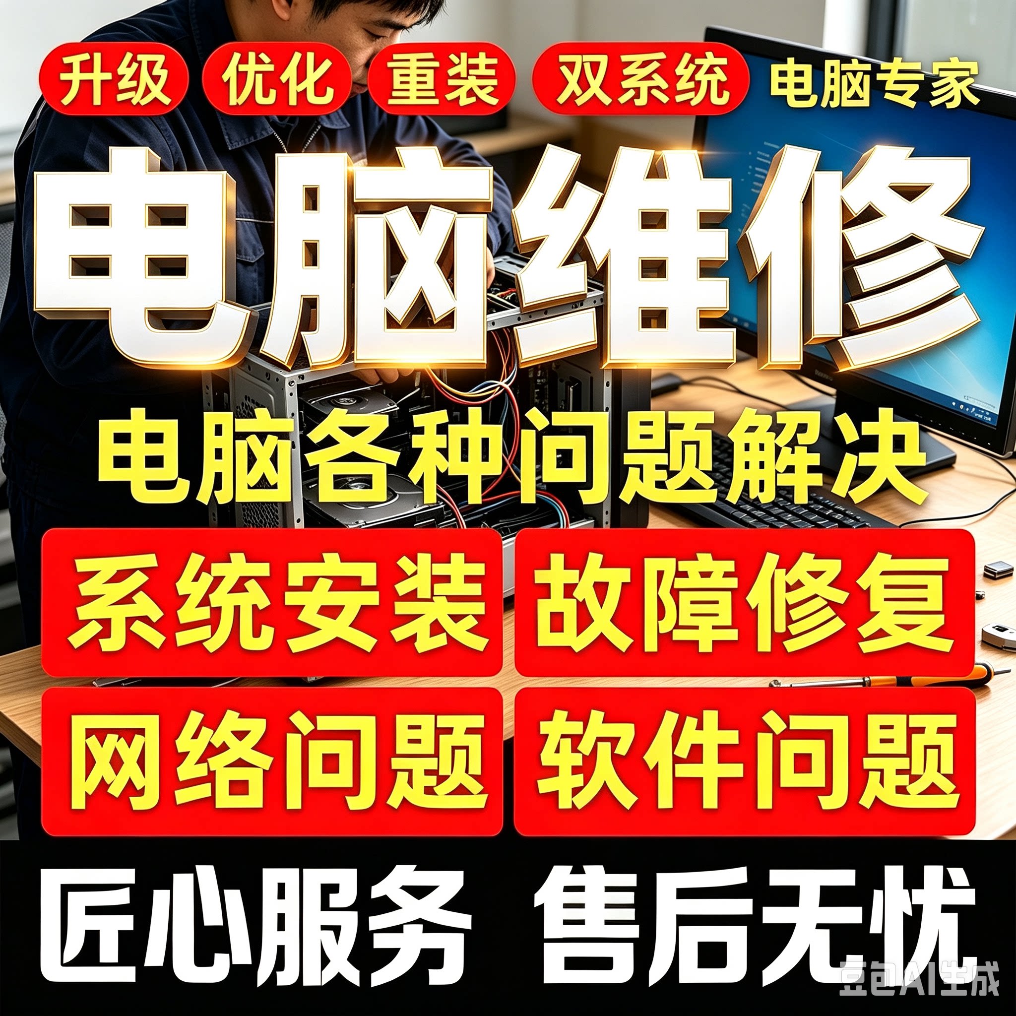 电脑维修系统重装远程故障咨询修复解决蓝屏卡顿驱动安装网络问题