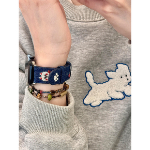 苹果手表iwatch10表带可爱刺绣小狗皮质适用applewatch98表带女款