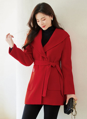 风迪冬季新款毛呢外套女百搭简约通勤中长暗扣系带毛呢大衣B45235