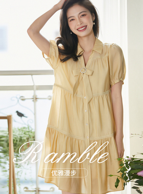 风迪品牌夏季新款女中长款连衣裙泡泡袖宽松气质甜美女裙1A25371