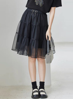 风迪春秋新款半身裙女百搭休闲气质修身网纱裙A字裙中裙1C15102