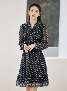 风迪春秋新款连衣裙女百搭休闲中长款收腰花色V领长袖A字裙C15172