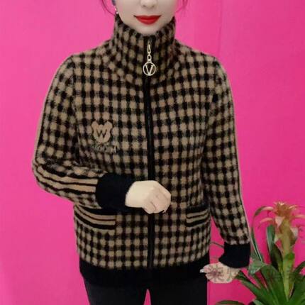 秋冬新款立领女士加厚保暖针织百搭仿水貂绒妈妈厚外套中老年上衣