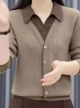 假两件针织衫长袖女装2024新款早秋洋气翻领毛衣宽松内搭打底上衣