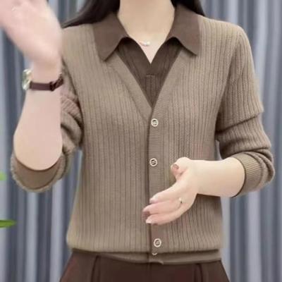 2024中年女士翻领假两件针织衫