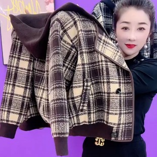 2024高端双面毛呢格子外套女秋冬新款加厚连帽假两件毛衣针织开衫