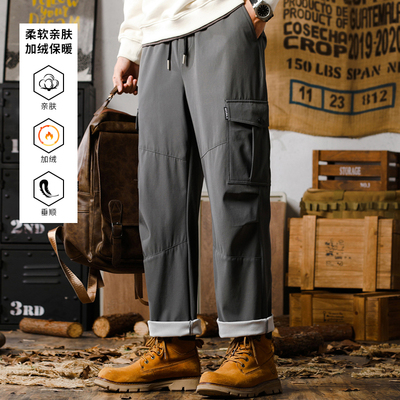 美式工装风多口袋加绒直筒休闲裤