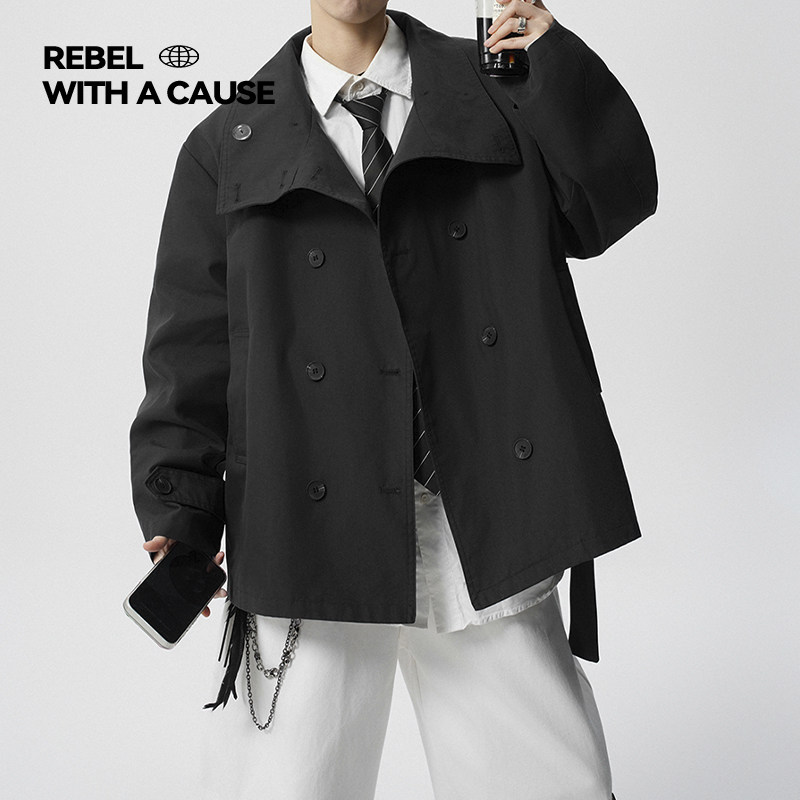 IRA2026春季新款设计感双排扣短款风衣男立领宽松高级感酷帅外套