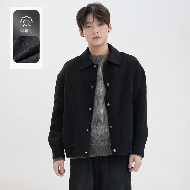 IRA2026春季新款黑色羊毛短款毛呢大衣男款翻领夹克百搭宽松外套