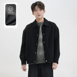 IRA2026春季新款黑色羊毛短款毛呢大衣男款翻领夹克百搭宽松外套