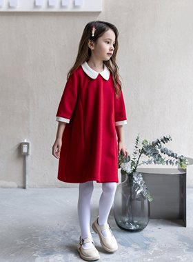 2021秋冬冬季女童红色可爱娃娃领羊毛七分袖长袖A字裙公主连衣裙
