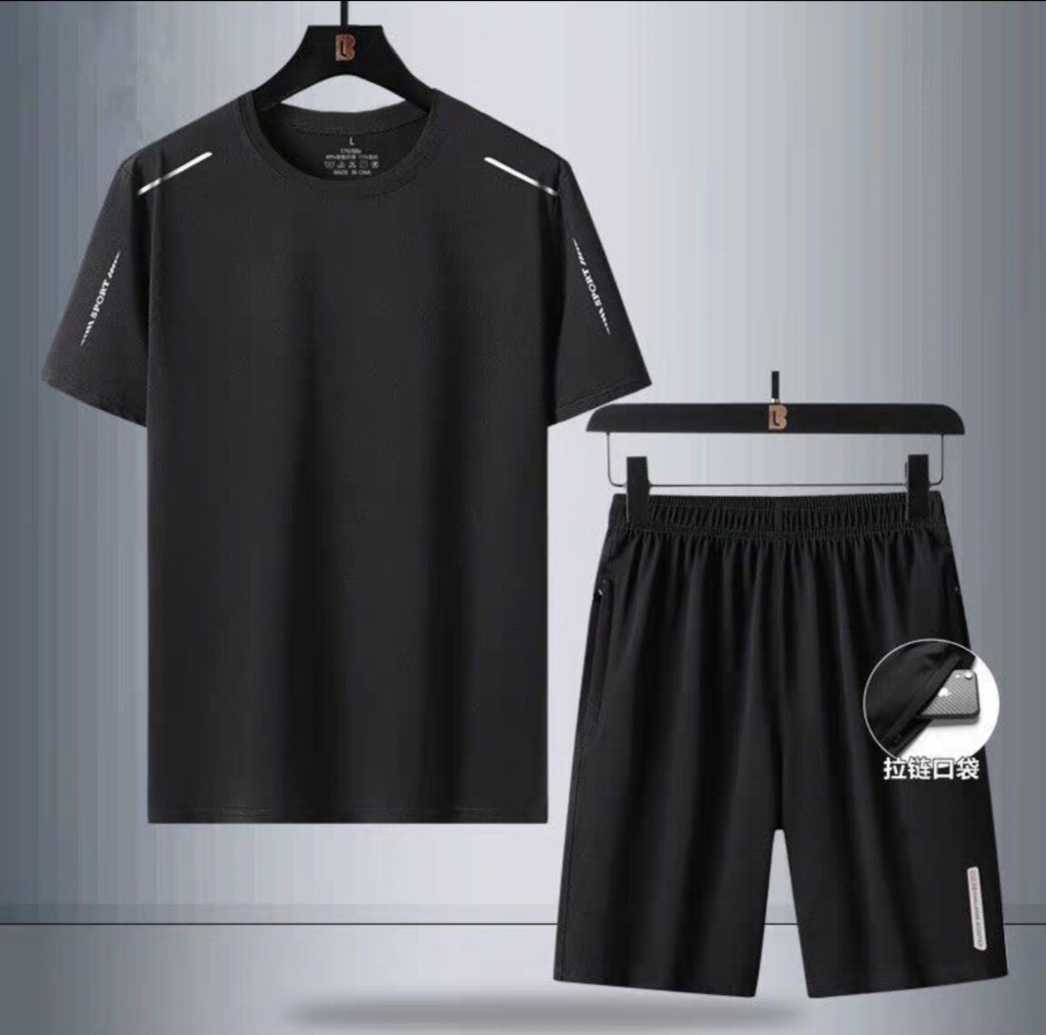 캐주얼 정장 남성 여름 얼음 실크 느슨한 티셔츠 스포츠 정장 투피스 세트 청년 및 중년층 반팔 반바지 의류 남성