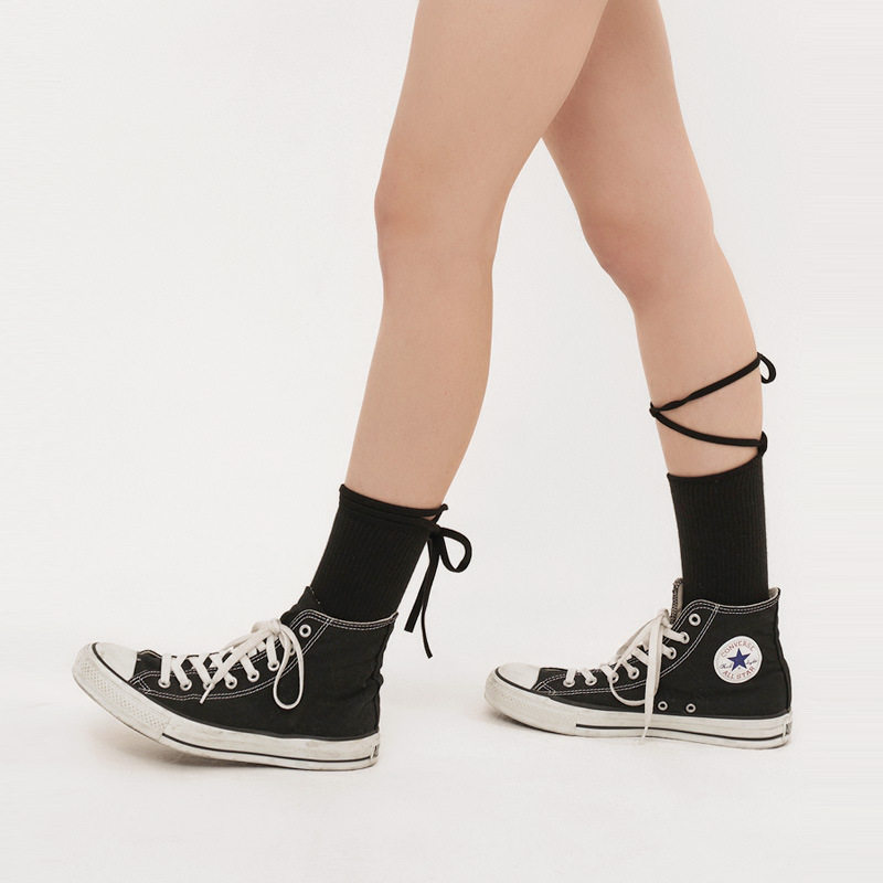 时尚绑带棉袜日系绑绳中筒袜女款休闲舒适袜子潮牌交叉瘦腿