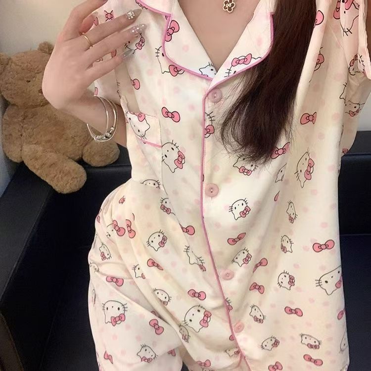 夏季短袖带胸垫睡衣女士纯棉绸棉纱甜美卡通三件套装可外穿家居服
