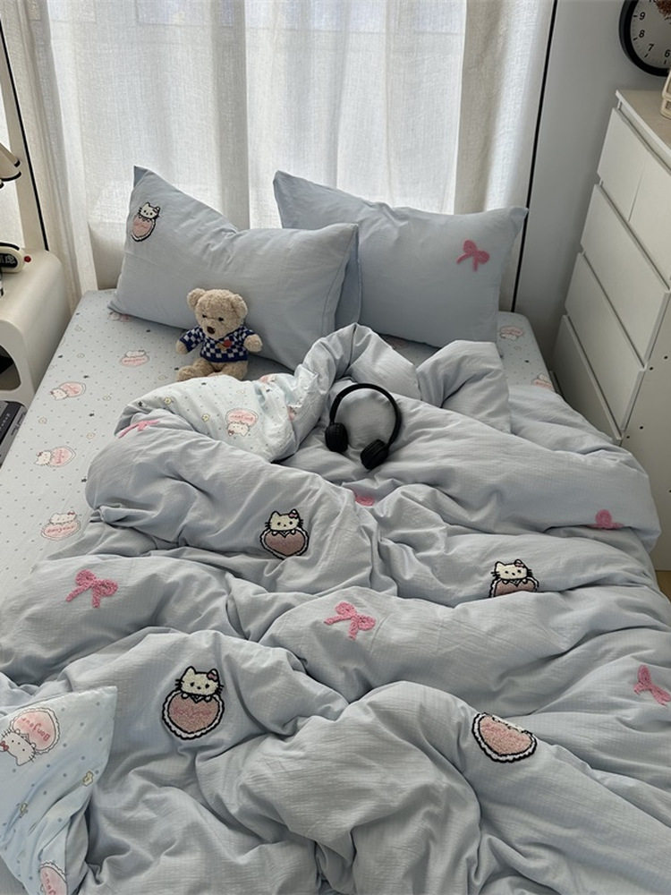 Корейское полотенце ins girl cute cat с вышивкой, выстиранное хлопковое стеганое одеяло из четырех частей, простыня, комплект из трех частей для общей квартиры 4 Изображение 1