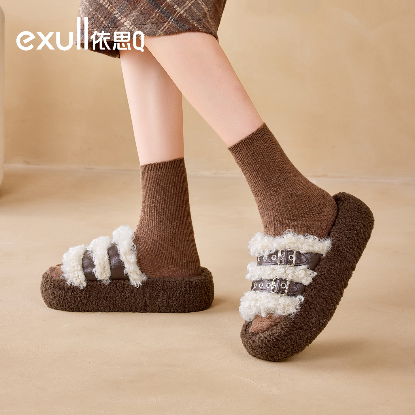 exull/依思Q2025新款秋冬毛毛拖鞋女外穿保暖棉拖小香风一字拖,女鞋,一字拖,淘宝优惠券,粉丝福利购,淘宝优惠卷