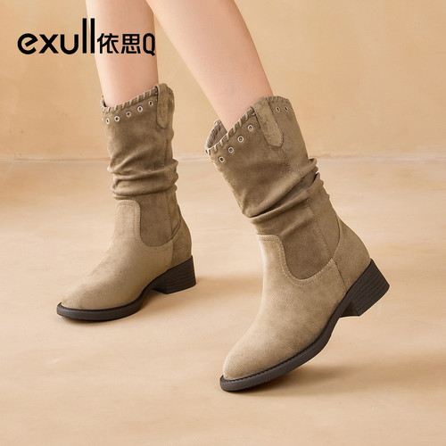 exull/依思Q2025秋冬新款复古尖头粗跟马丁靴女加绒堆堆靴中筒靴
