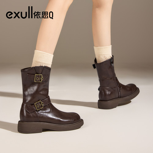 exull/依思Q2025秋季美拉德马丁靴女骑士靴新疆小短靴西部牛仔靴