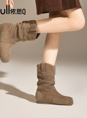 exull/依思Q2025冬新款加绒短靴百搭堆堆靴松果靴中筒靴时尚平底